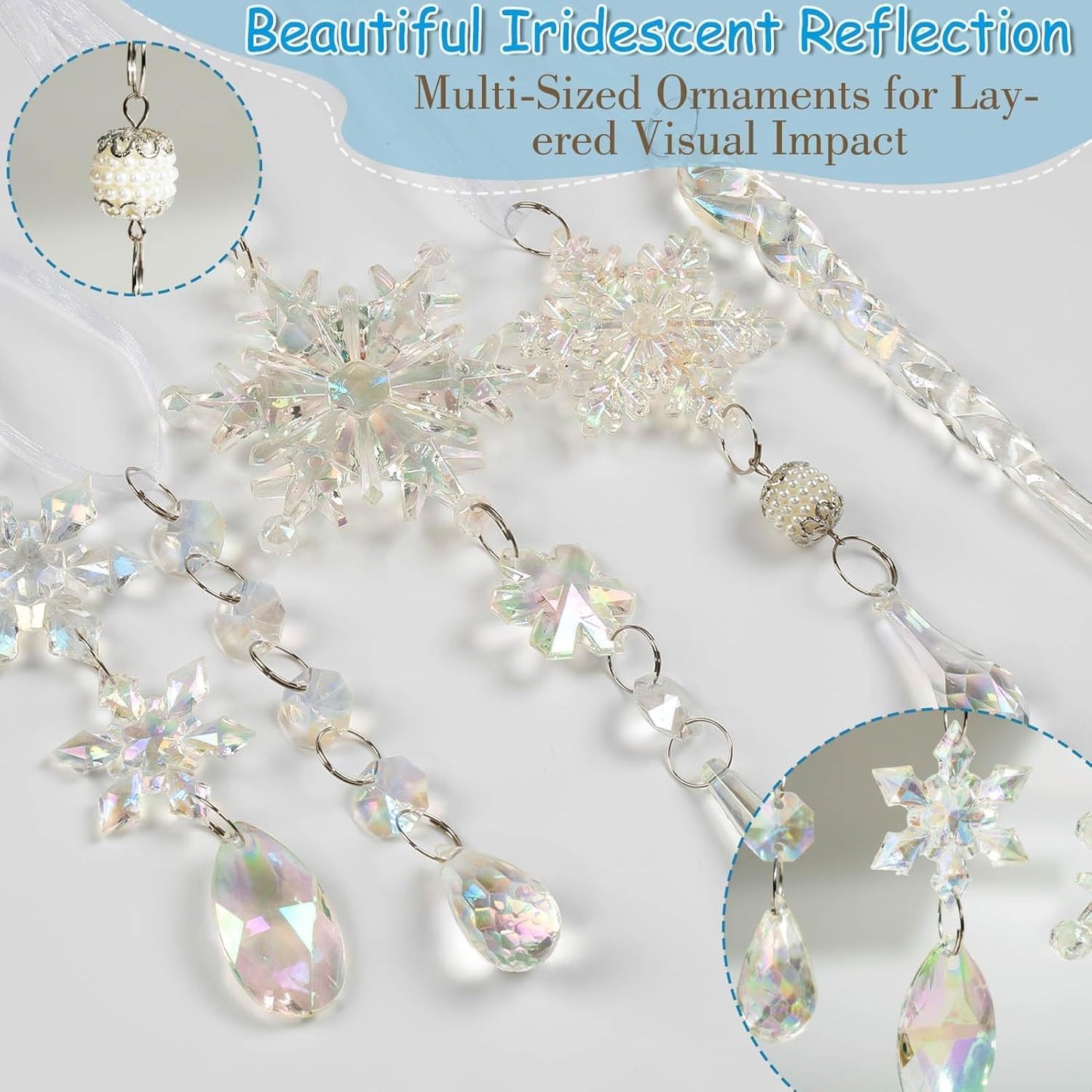 18pcs Christmas Tree Decoration Crystal Ornaments - Hanging Acrylic Christmas Snowflake Icicle Drop Crystal Ornaments for Xmas Tree Winter New Year Party Supplies