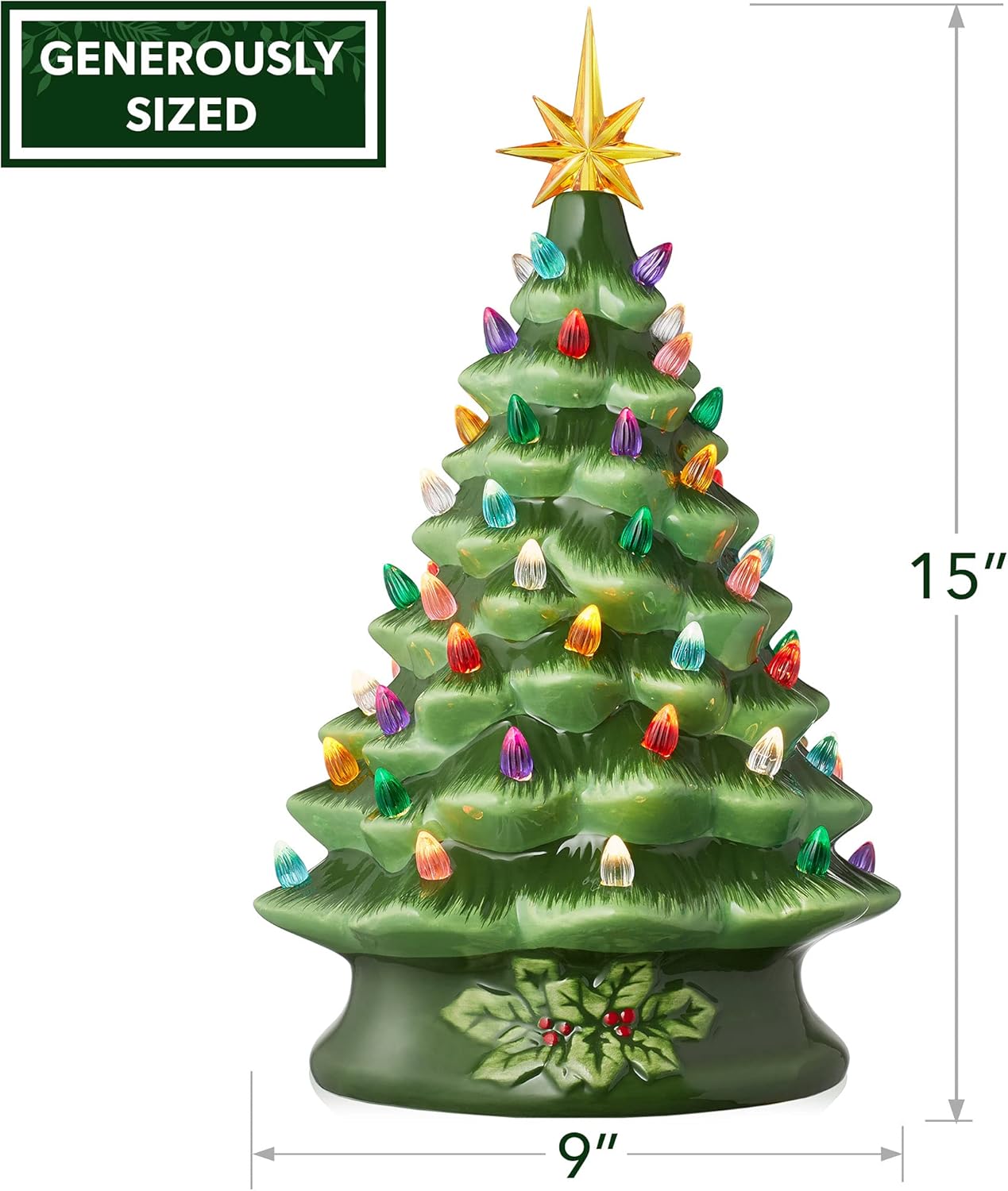 Hand Painted Ceramic Christmas Tree, Pink 15-Inch Pre-Lit Tree with 128 Multi Color Lights and 2 Star Toppers