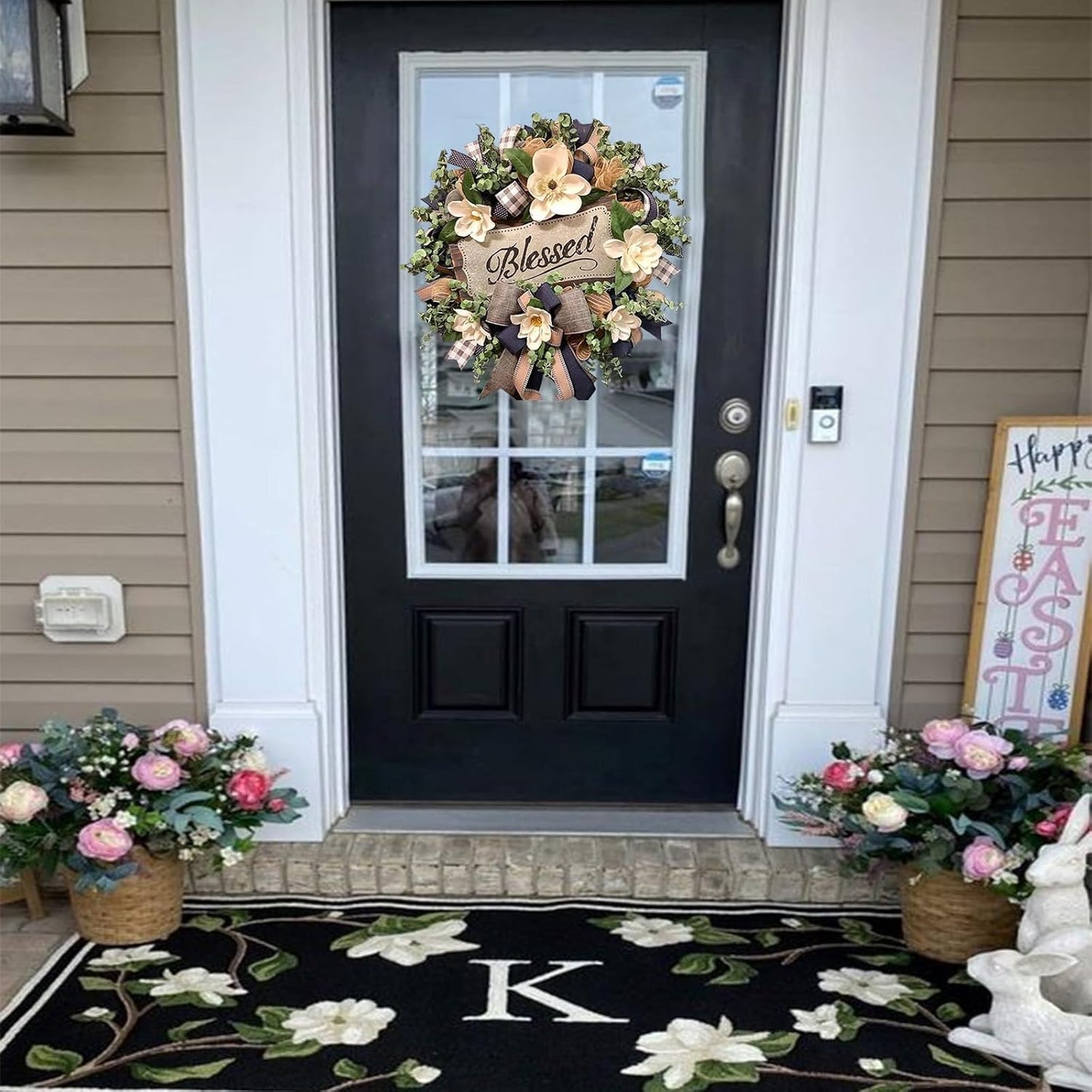 Spring Summer Wreath for Front Door,Farmhouse Magnolia Porch Decoration,Front Door Hanger,Housewarming Gift, Buffalo Plaid Year Round Wreath,Summer Home Decor