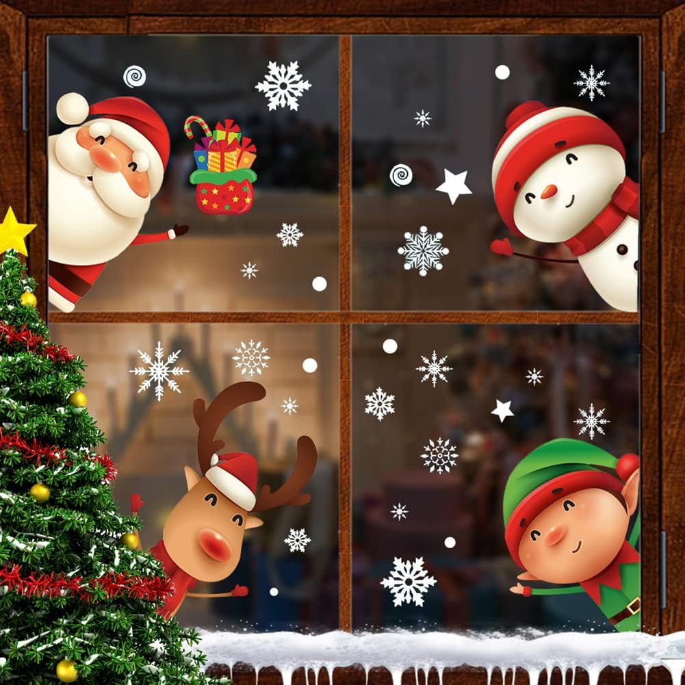 82PCS Christmas Snowflake Window Clings Stickers for Glass, Xmas Decals Christmas Decorations Indoor Holiday Snowflake Santa Claus Reindeer Decals for Party