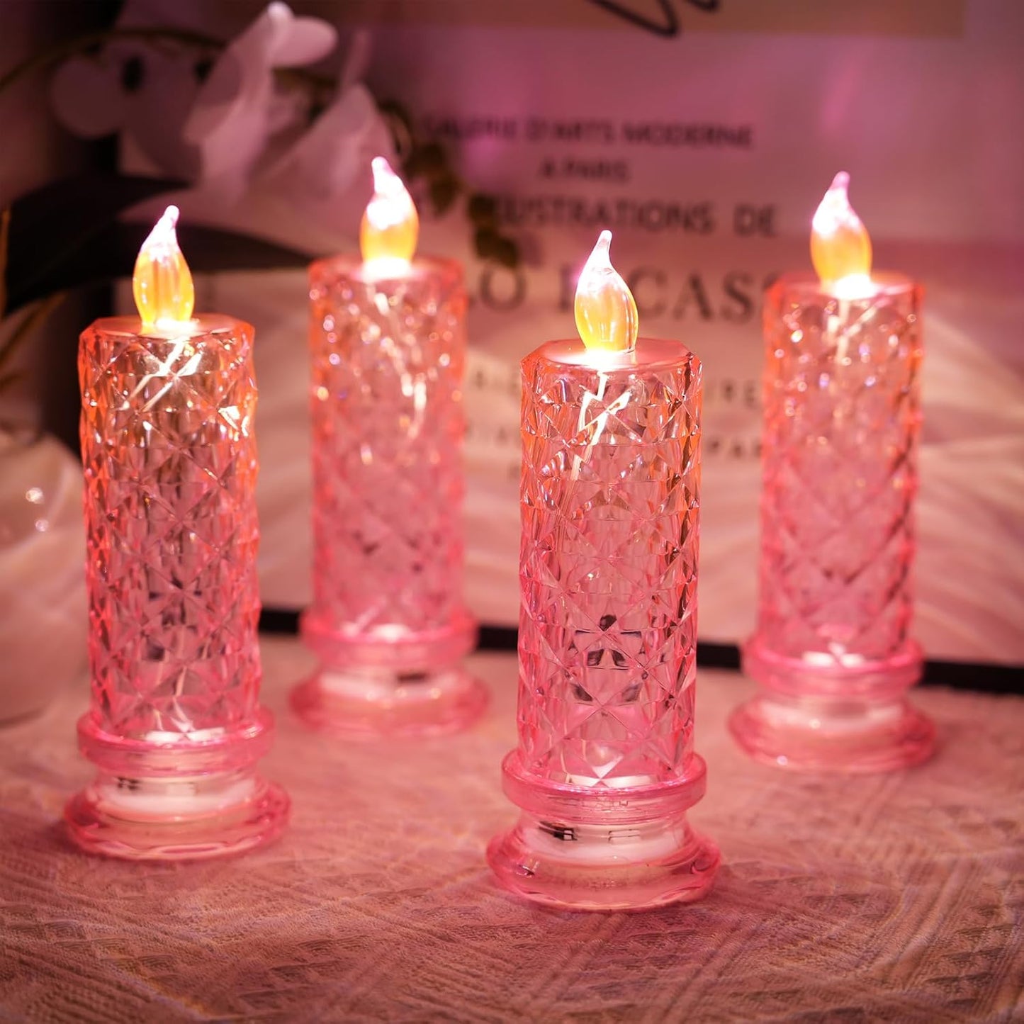 Rose Shadow LED Flameless Candles, 6PCS Romantic Battery Operated Candles Led Pillar Candles for Valentines Anniversary Wedding Christmas Decorations(White, D 2.5" x H 7.2")