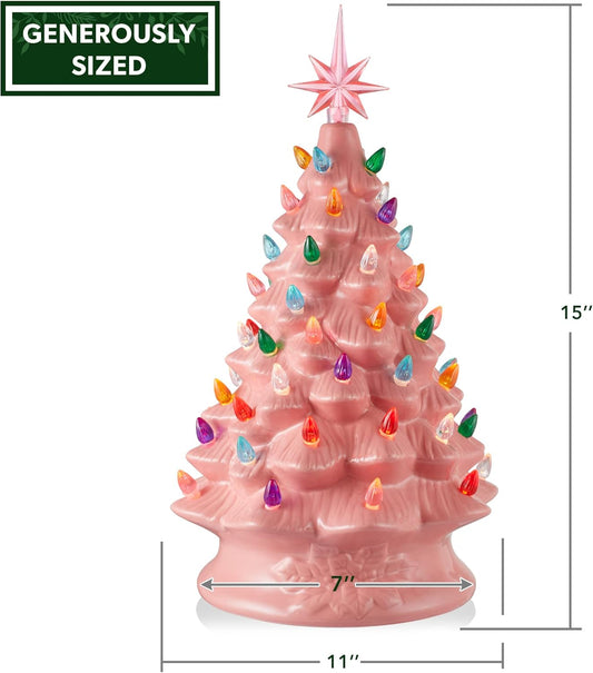 Hand Painted Ceramic Christmas Tree, Pink 15-Inch Pre-Lit Tree with 128 Multi Color Lights and 2 Star Toppers