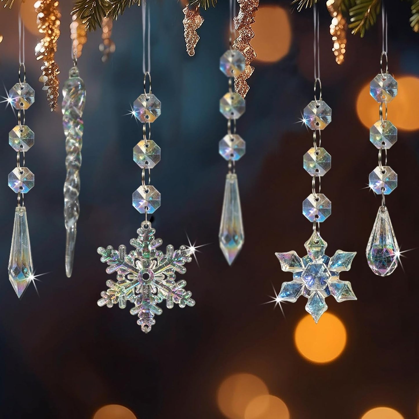 18pcs Christmas Tree Decoration Crystal Ornaments - Hanging Acrylic Christmas Snowflake Icicle Drop Crystal Ornaments for Xmas Tree Winter New Year Party Supplies