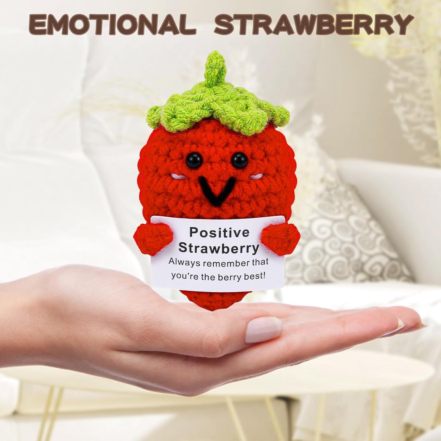 Hoedia Handmade Emotional Pickle Gift, Cucumber Crochet Doll Inspirational Gifts with Cards, Cute Knitted Funny Support Pickle Potato Friend Birthday (Emotional Strawberry)