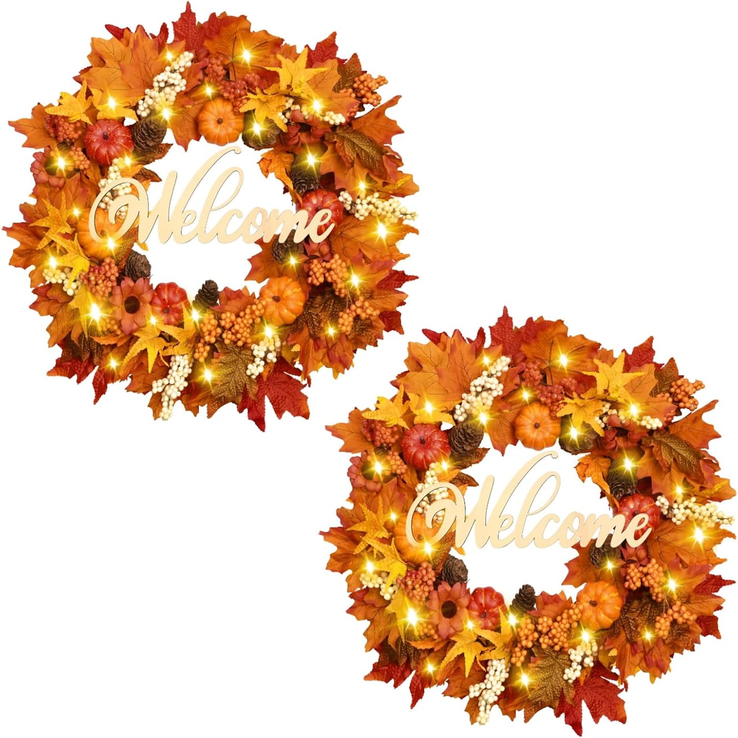 Waipfaru Fall Wreaths for Front Door - 20'' Autumn Wreath with Lights & Welcome Sign & Timer Function, Fall Leaf Reef Farmhouse Thanksgiving Decor for Outdoor Porch Patio