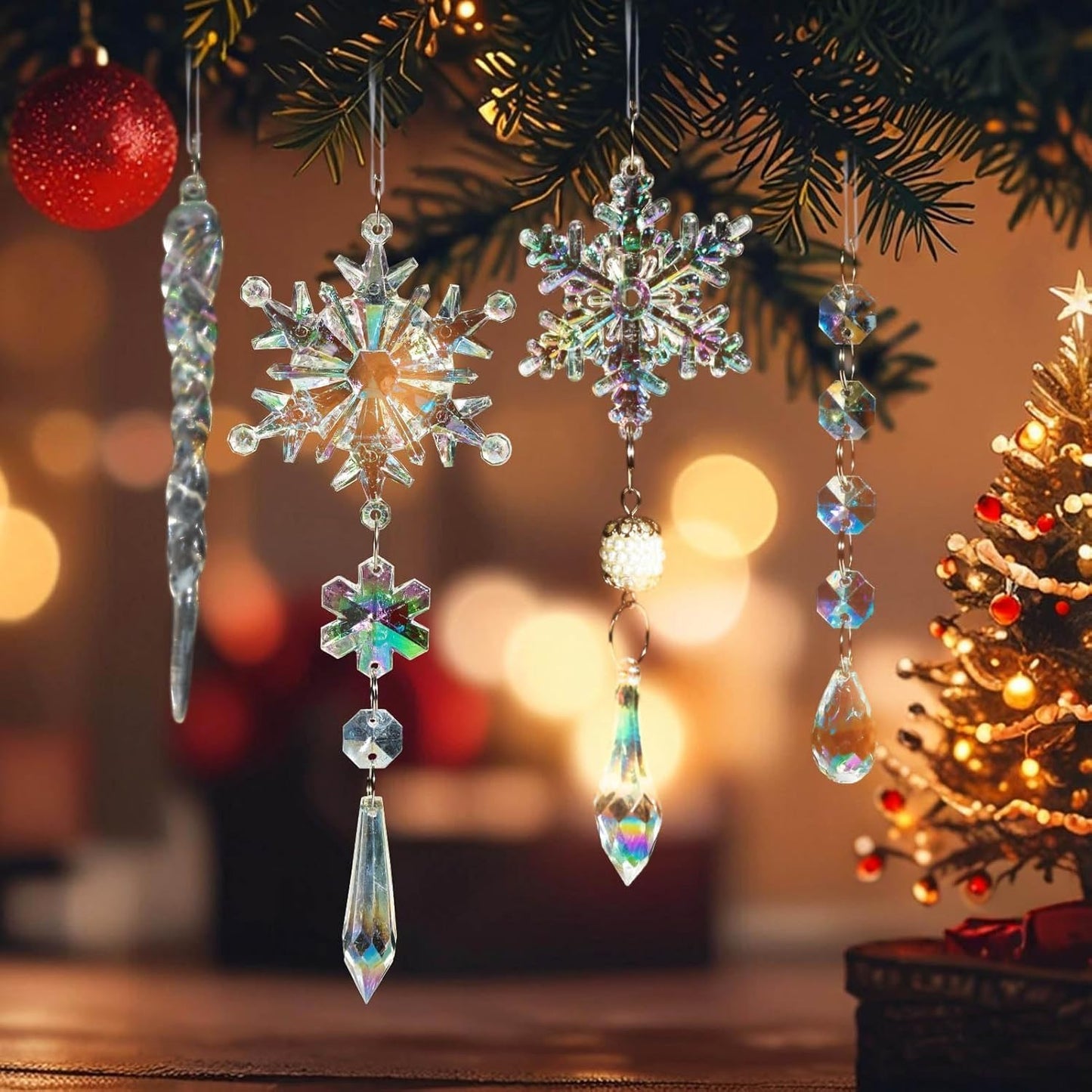 18pcs Christmas Tree Decoration Crystal Ornaments - Hanging Acrylic Christmas Snowflake Icicle Drop Crystal Ornaments for Xmas Tree Winter New Year Party Supplies