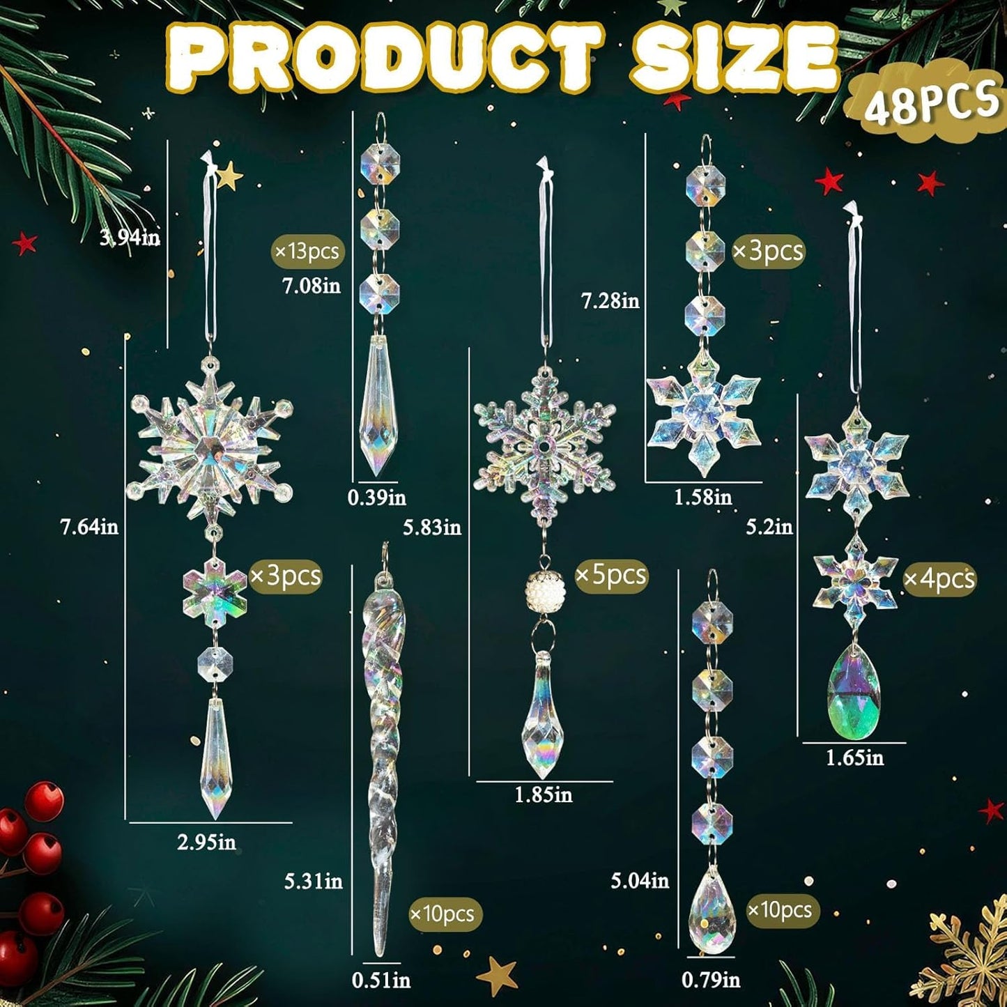 18pcs Christmas Tree Decoration Crystal Ornaments - Hanging Acrylic Christmas Snowflake Icicle Drop Crystal Ornaments for Xmas Tree Winter New Year Party Supplies
