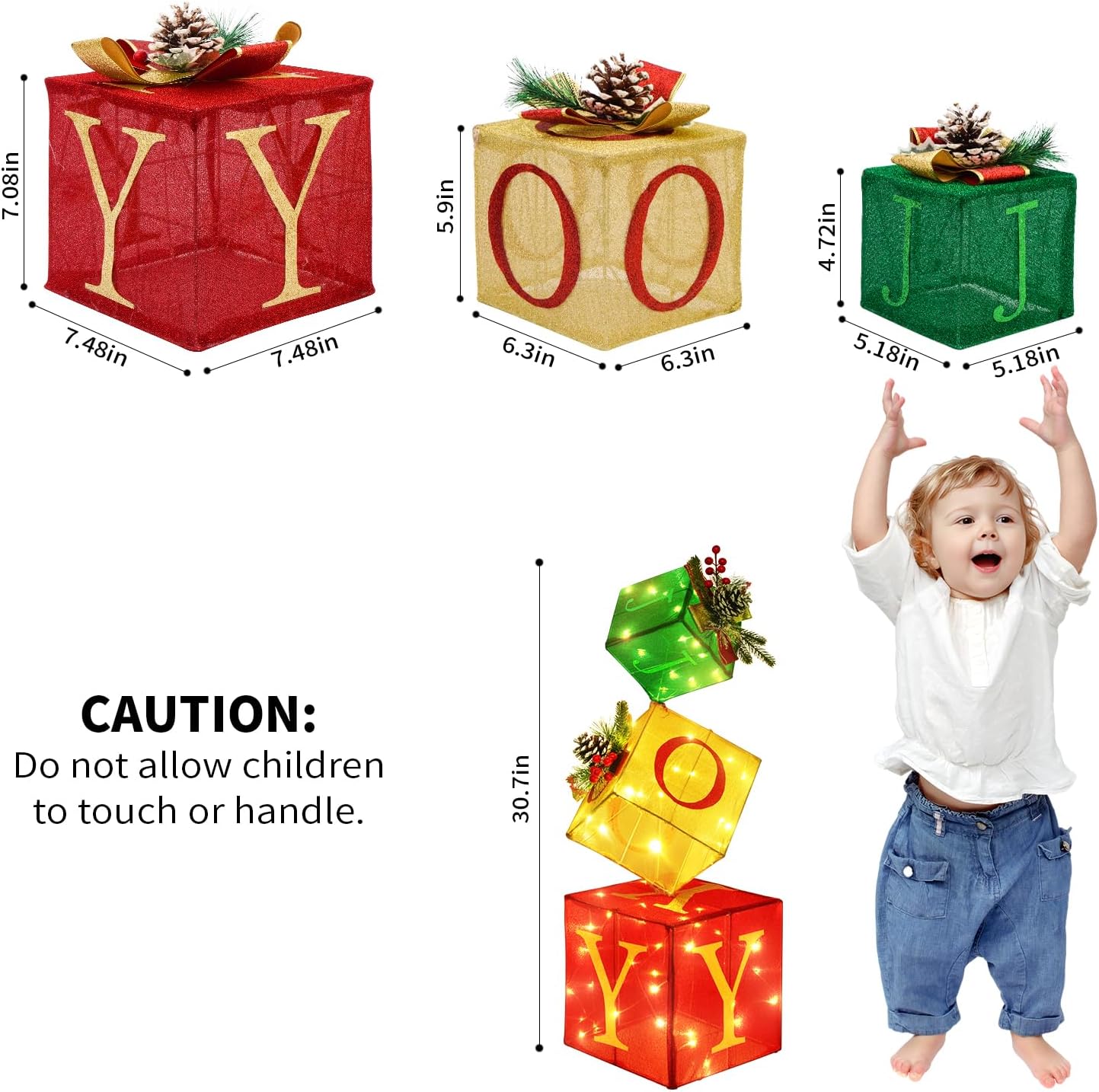 Christmas Joy Lighted Gift Boxes Decorations Set of 3, 2.6Ft Stackable Christmas Nesting Boxes Battery Operated for Home and Party Decoration