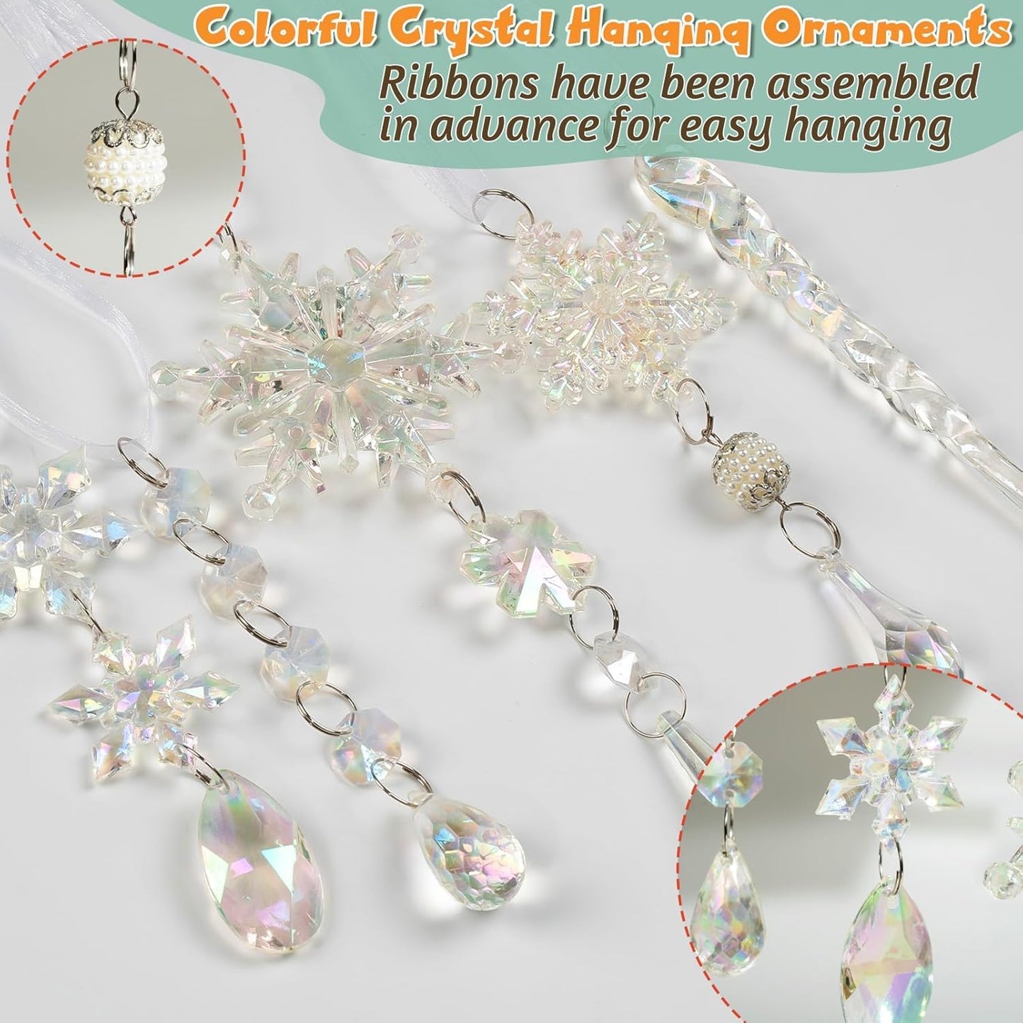 18pcs Christmas Tree Decoration Crystal Ornaments - Hanging Acrylic Christmas Snowflake Icicle Drop Crystal Ornaments for Xmas Tree Winter New Year Party Supplies