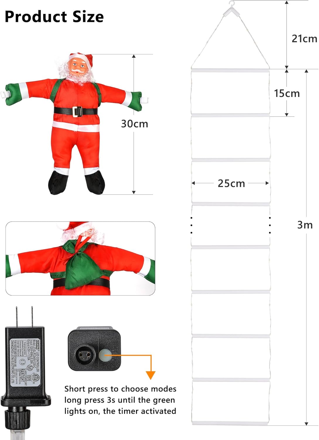 LED Christmas Lights - 10ft Christmas Decorative Ladder Lights with Santa Claus, Xmas Decorations Light for Indoor Outdoor, Window, Garden, Home, Wall, Xmas Tree Decor - Warm White