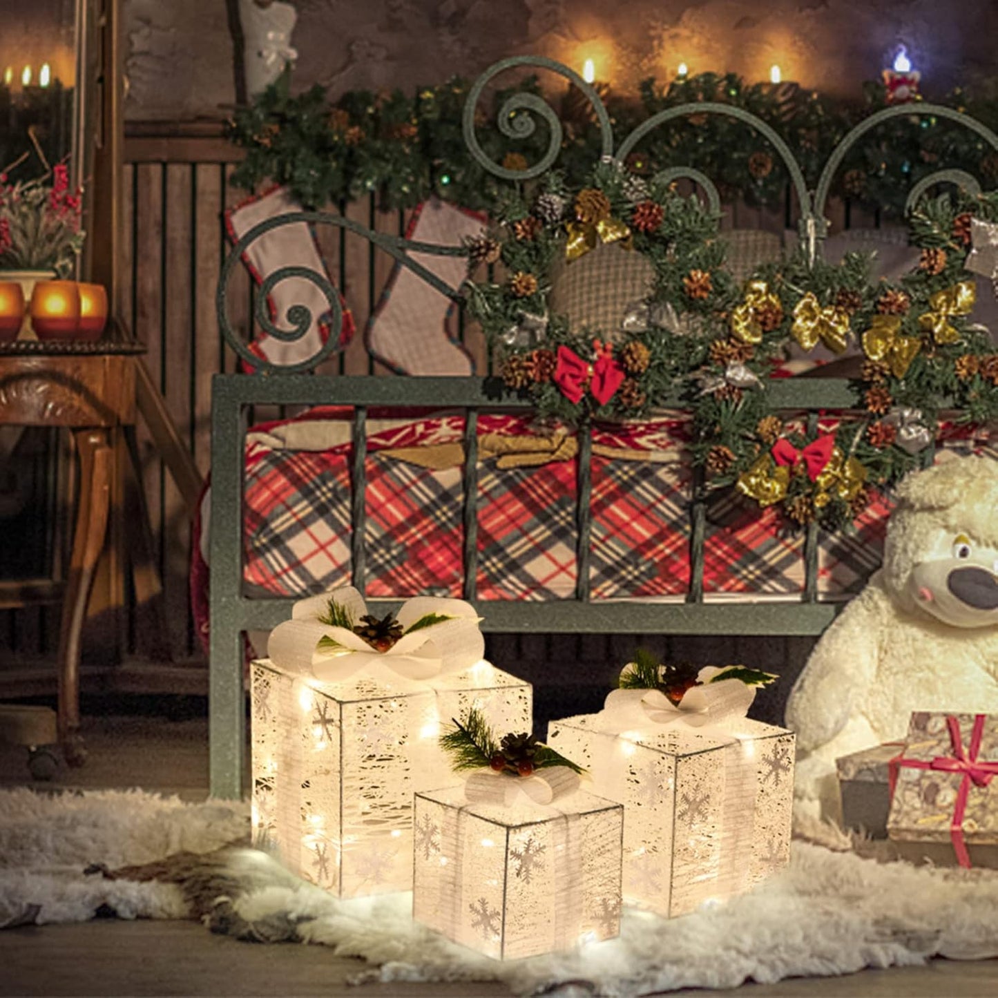 Christmas Joy Lighted Gift Boxes Decorations Set of 3, 2.6Ft Stackable Christmas Nesting Boxes Battery Operated for Home and Party Decoration