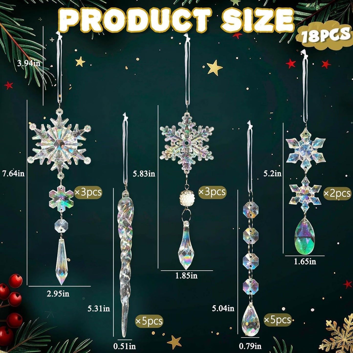 18pcs Christmas Tree Decoration Crystal Ornaments - Hanging Acrylic Christmas Snowflake Icicle Drop Crystal Ornaments for Xmas Tree Winter New Year Party Supplies