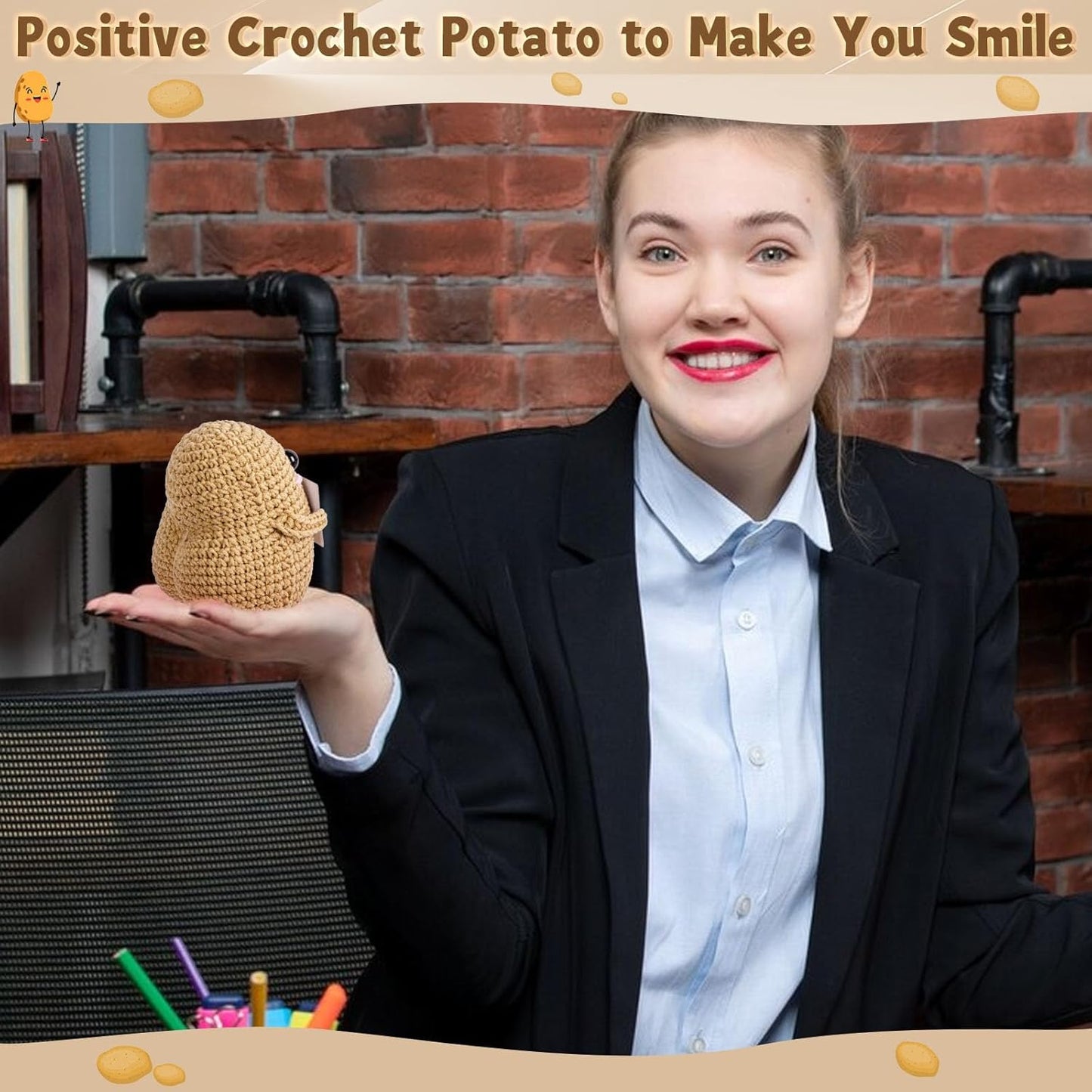 Positive Poo with Affirmations Cards Emotional Crochet Support Positive Energy Gifts for Women Friends Christmas Gag Gift (Brown&Yellow, 2P)