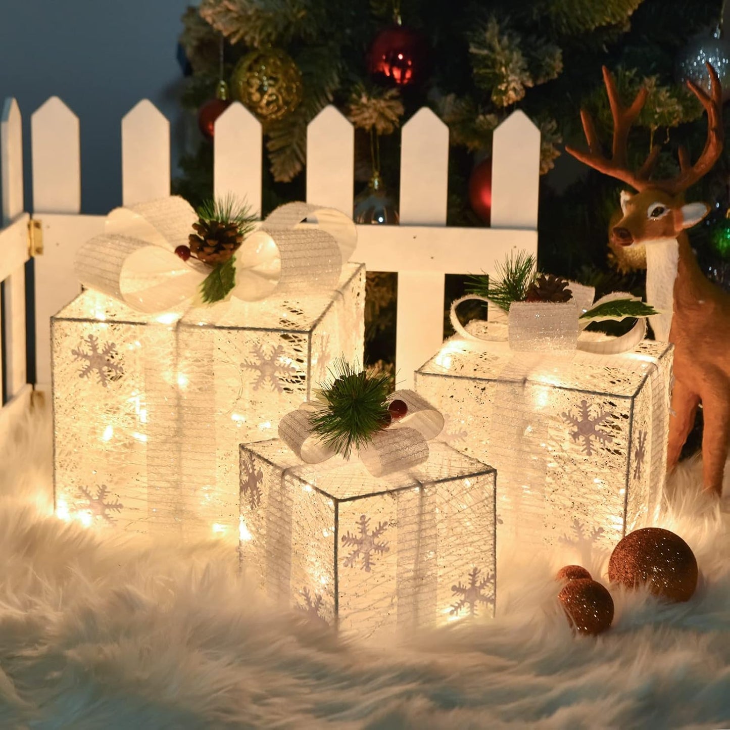 Christmas Joy Lighted Gift Boxes Decorations Set of 3, 2.6Ft Stackable Christmas Nesting Boxes Battery Operated for Home and Party Decoration