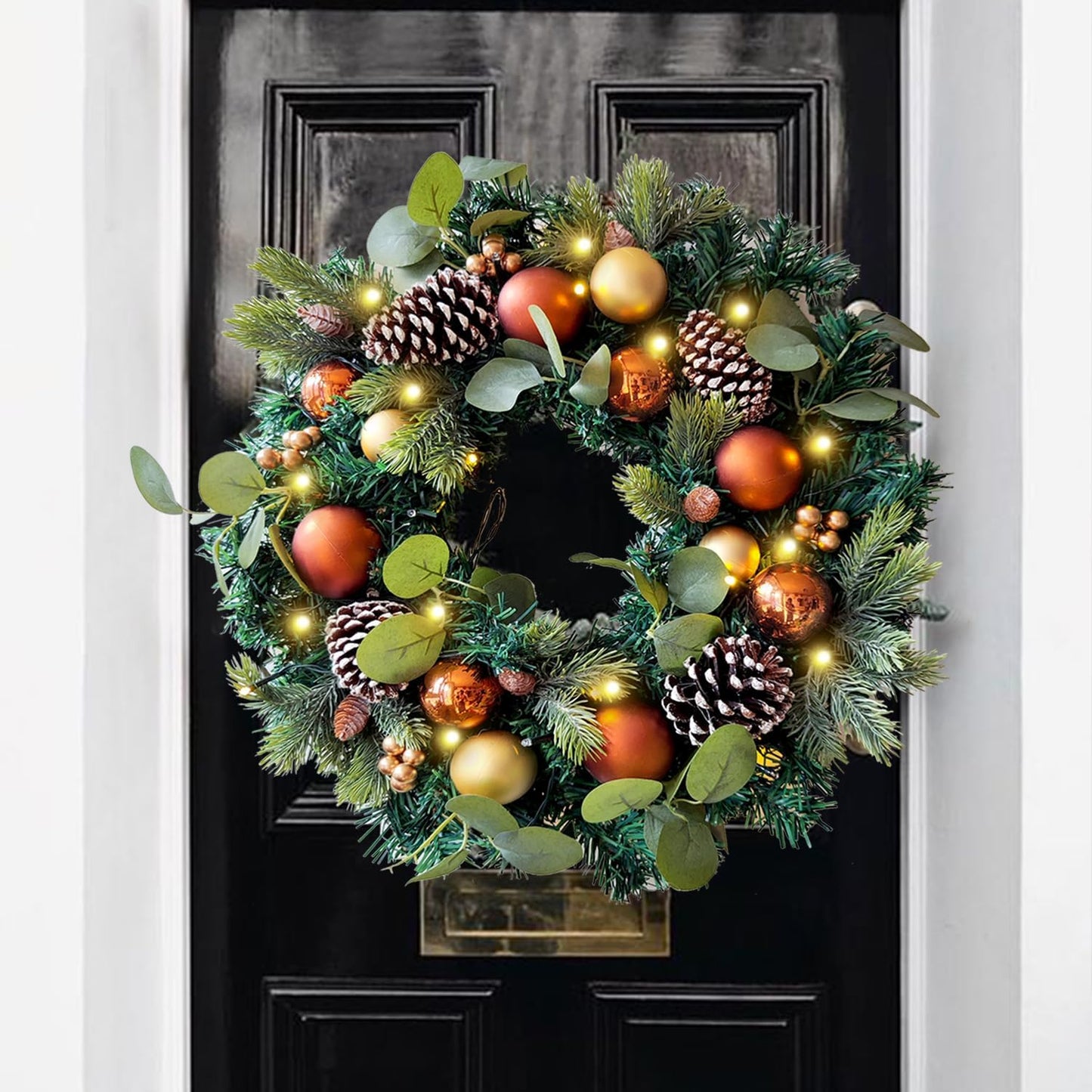 Pre-Lit 24 Inch Lighted Christmas Wreath for Front Door Champagne Gold Christmas Door Wreath Decor with Ball Ornaments, Poinsettia Flowers,Ribbon,Pine Cones,Battery Operated 30 LED Lights
