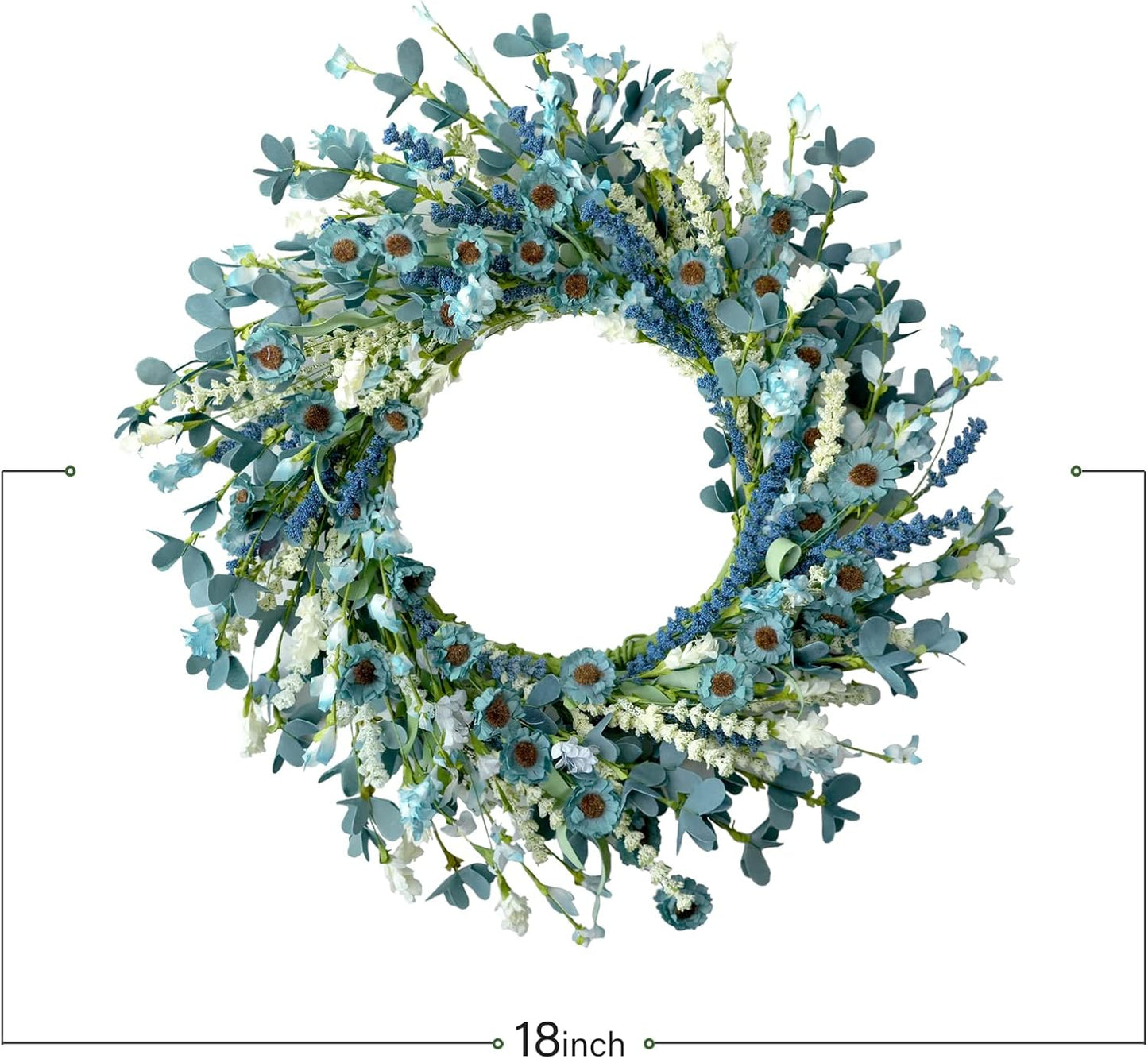 Bibelot 20 Inch Spring Wreath Blue with Green Leaves Wreaths Blue Daisy Artificial Grains White Flower Wreath for Front Door Wreaths,Farmhouse Decor Indoor&Outdoor Wedding Wall Home Decor