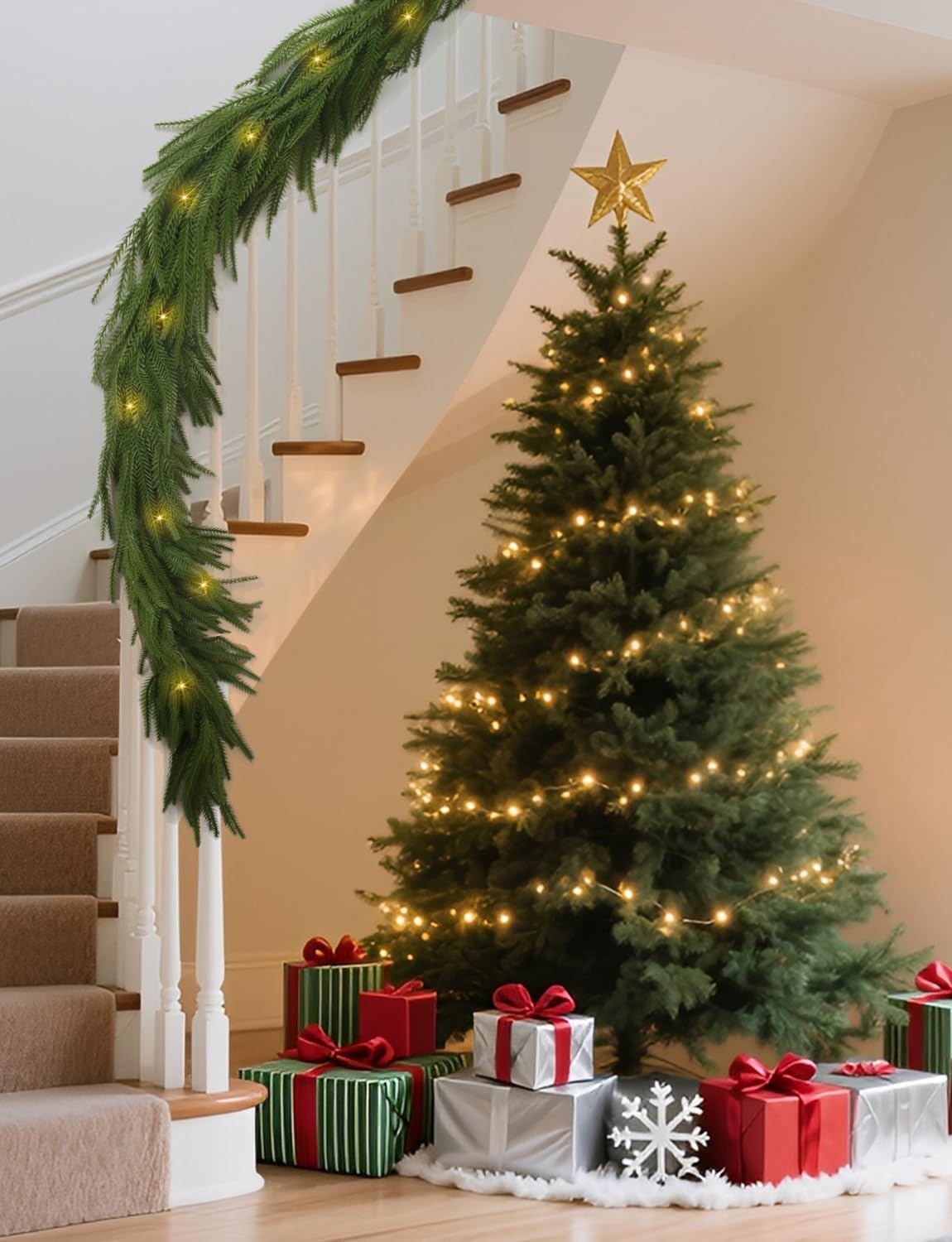 2025 Upgraded 6 Ft Artificial Norfolk Pine Garlands, Real Touch Winter Pine Garland, for Staircase, Table, Mantle, Wall, Indoor, Outdoor Christmas Decorations, Flower Arranging(1 Pack Without Light)