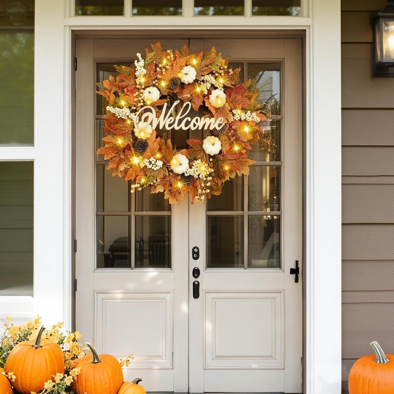 Waipfaru Fall Wreaths for Front Door - 20'' Autumn Wreath with Lights & Welcome Sign & Timer Function, Fall Leaf Reef Farmhouse Thanksgiving Decor for Outdoor Porch Patio