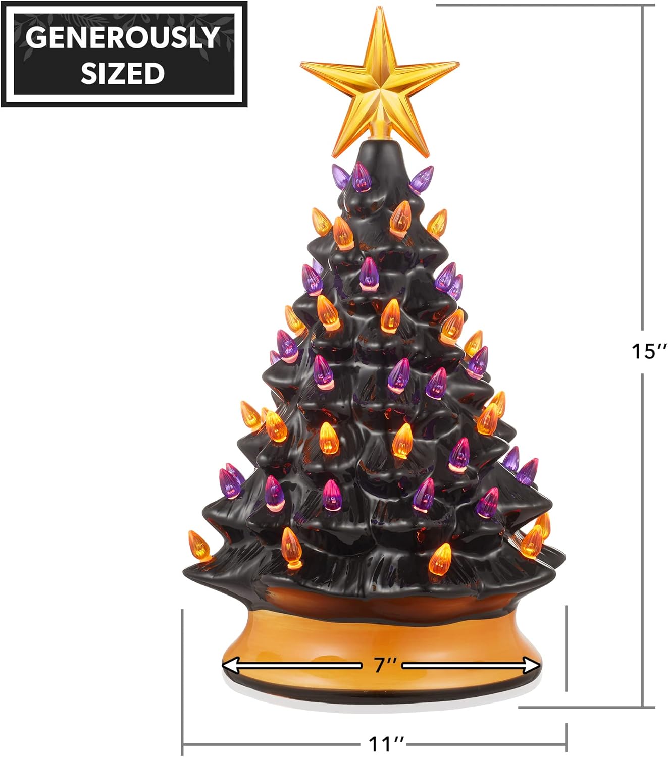Casafield Hand-Painted Ceramic Halloween Tree, 15-Inch Pre-Lit Decoration with 128 Multi-Color Lights, Jack-O-Lantern and Star Toppers