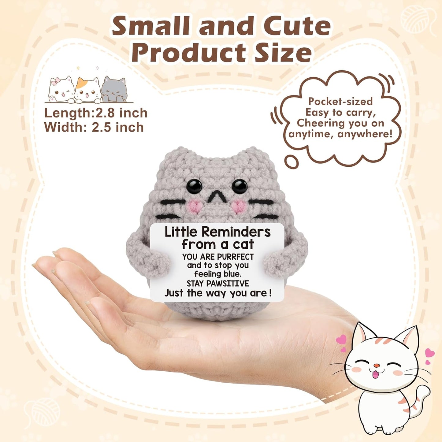 Crochet Cat Easter Basket Stuffers Positive Cat Crochet for Friend for Mom Grandma Dad Grandpa Daughter Son Gifts, Emotional Coworker Sister Brother Support Small Birthday Gifts