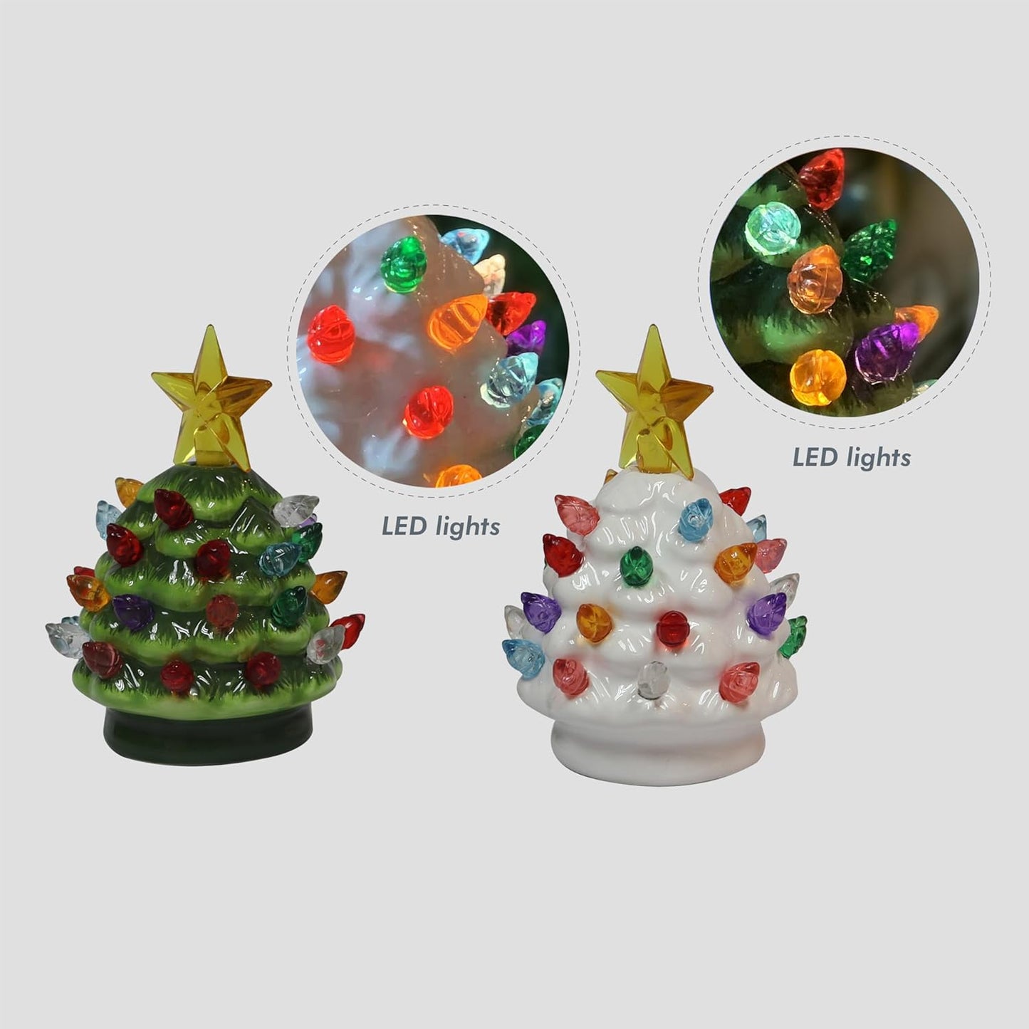 MOMENTS IN TIME 2pc 3.5”H LED Ceramic Mini Christmas Tree, LED Light up, Battery Operated Cell Battery Included.
