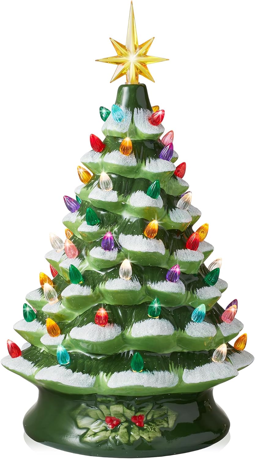 Hand Painted Ceramic Christmas Tree, Pink 15-Inch Pre-Lit Tree with 128 Multi Color Lights and 2 Star Toppers