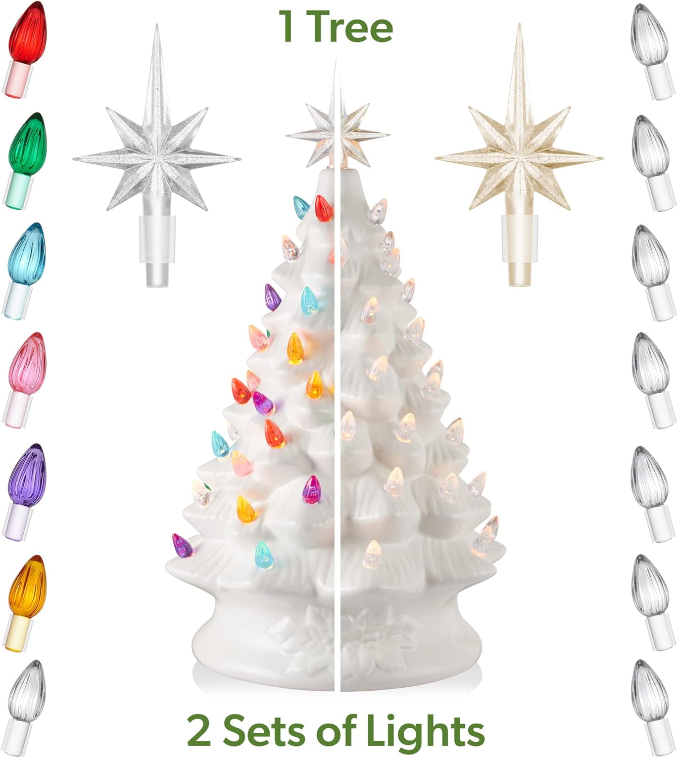 Hand Painted Ceramic Christmas Tree, Pink 15-Inch Pre-Lit Tree with 128 Multi Color Lights and 2 Star Toppers