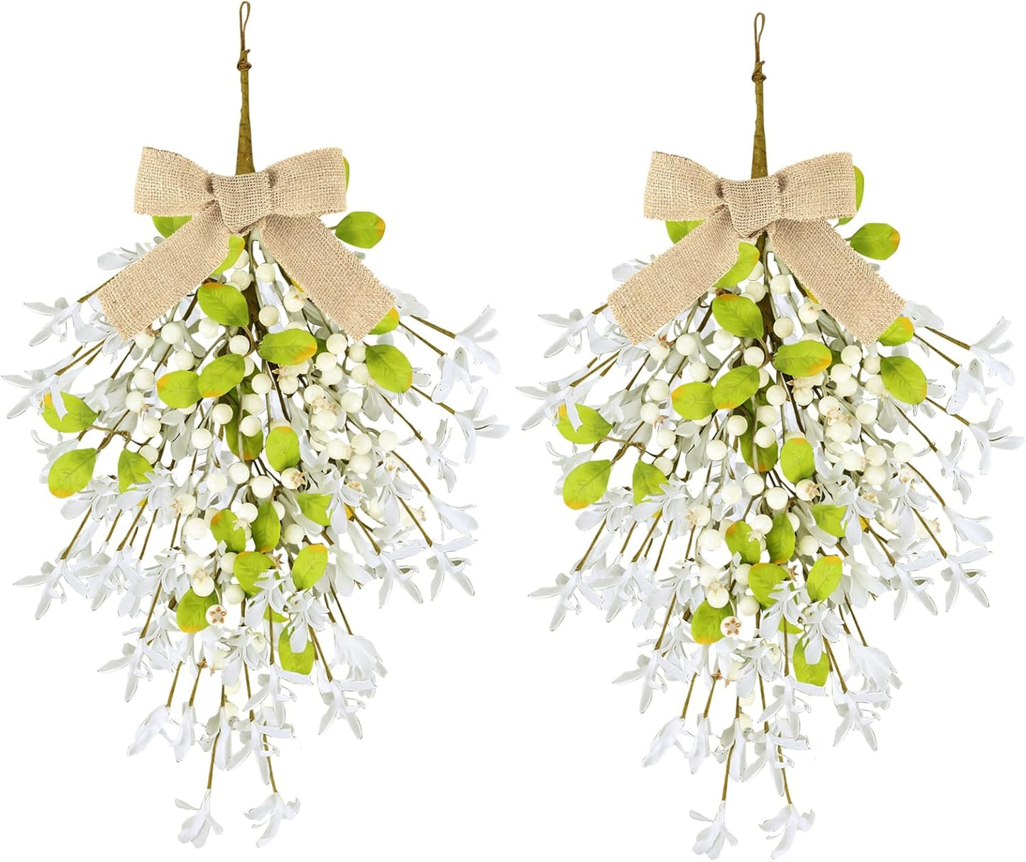 24" Christmas Wreaths for Front Door 2 PCS Christmas Teardrop Swag Winter Wreath with Red Ball Red Berry Pine Needles for Indoor Outdoor Farmhouse Home Wall Window Festival Wedding Decor