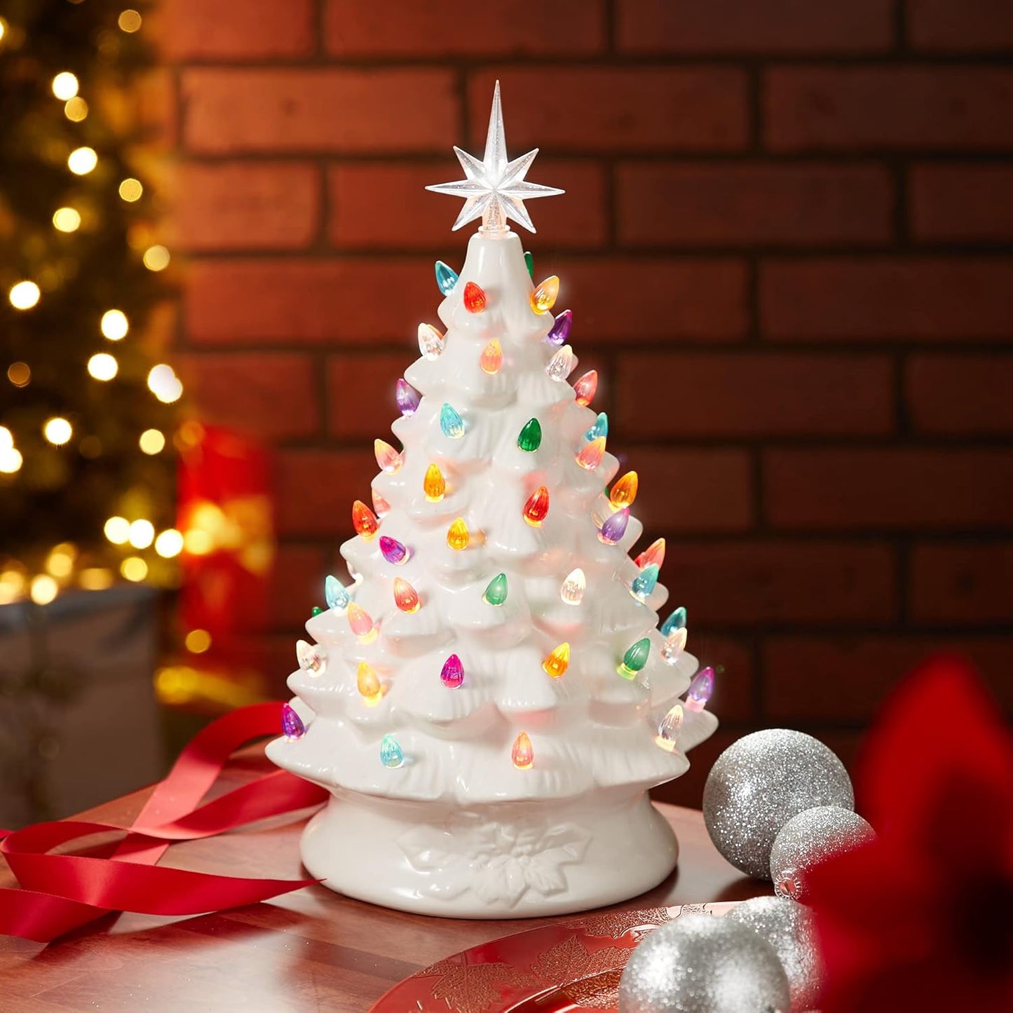 Hand Painted Ceramic Christmas Tree, Pink 15-Inch Pre-Lit Tree with 128 Multi Color Lights and 2 Star Toppers