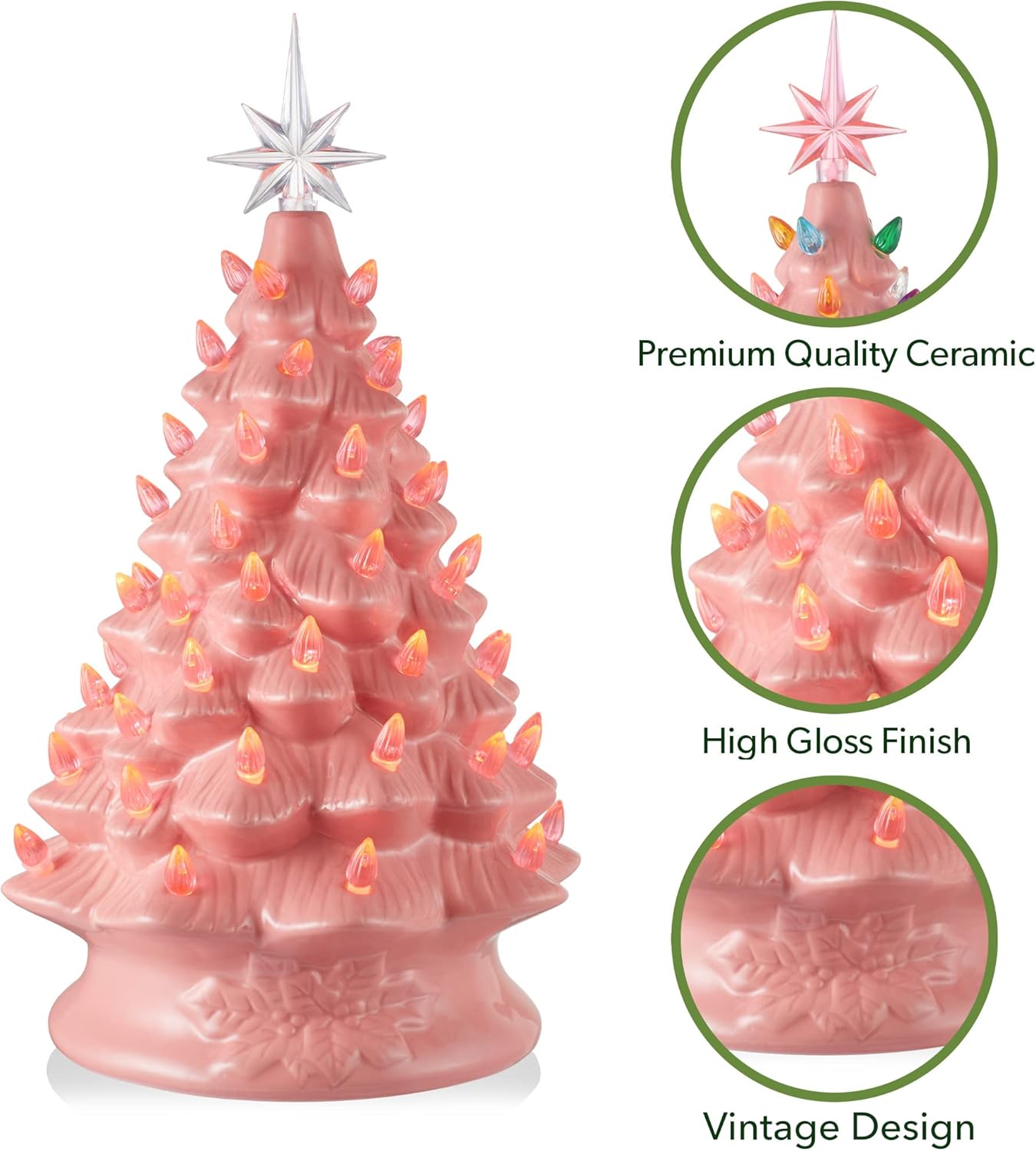 Hand Painted Ceramic Christmas Tree, Pink 15-Inch Pre-Lit Tree with 128 Multi Color Lights and 2 Star Toppers