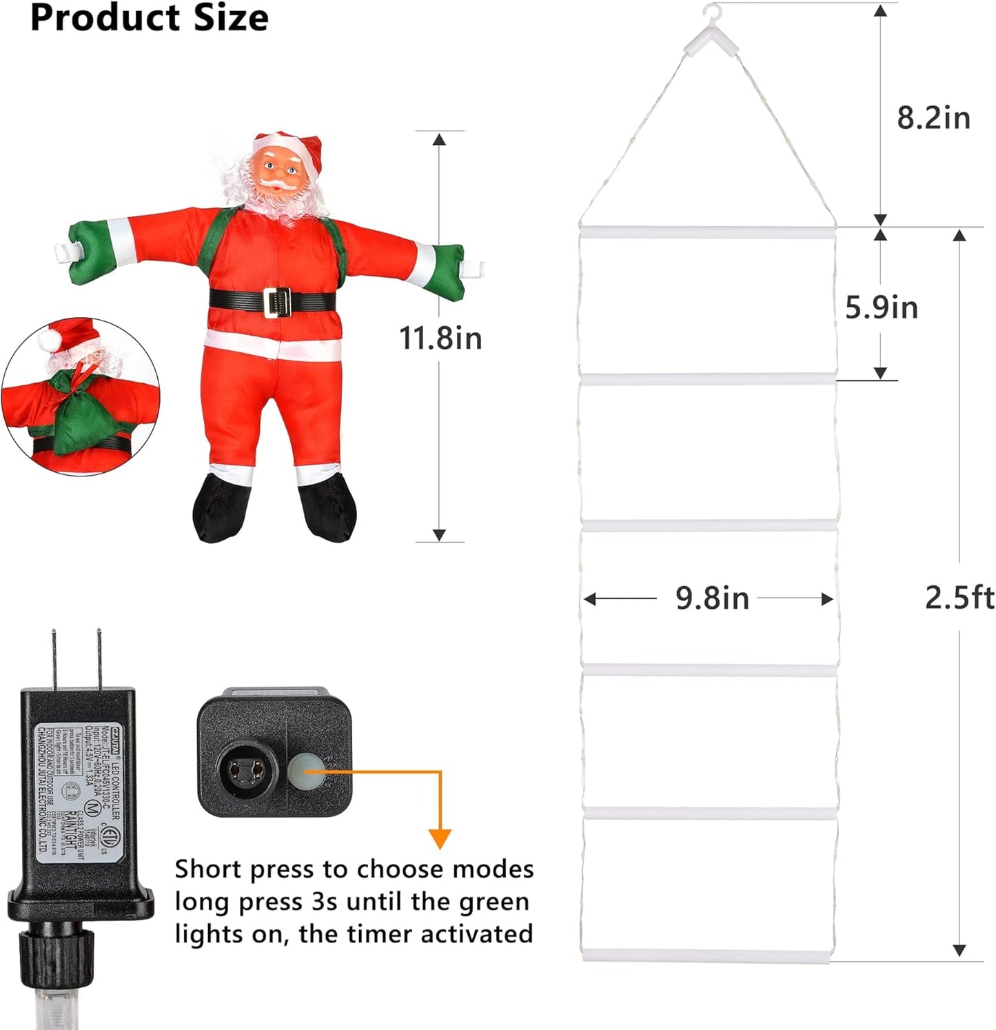LED Christmas Lights - 10ft Christmas Decorative Ladder Lights with Santa Claus, Xmas Decorations Light for Indoor Outdoor, Window, Garden, Home, Wall, Xmas Tree Decor - Warm White