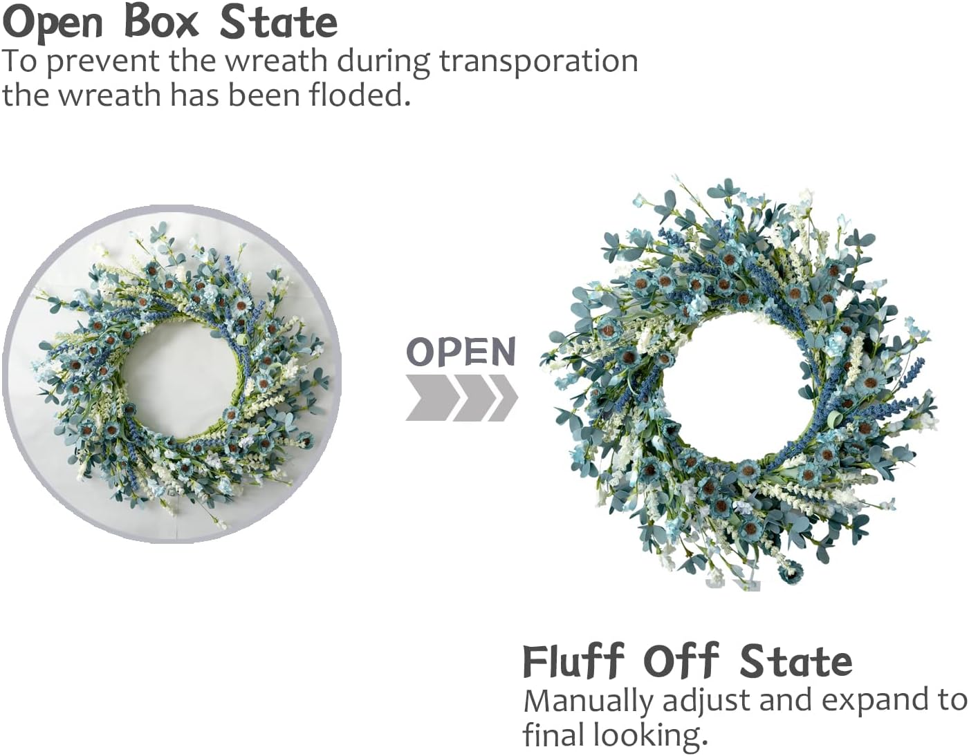 Bibelot 20 Inch Spring Wreath Blue with Green Leaves Wreaths Blue Daisy Artificial Grains White Flower Wreath for Front Door Wreaths,Farmhouse Decor Indoor&Outdoor Wedding Wall Home Decor