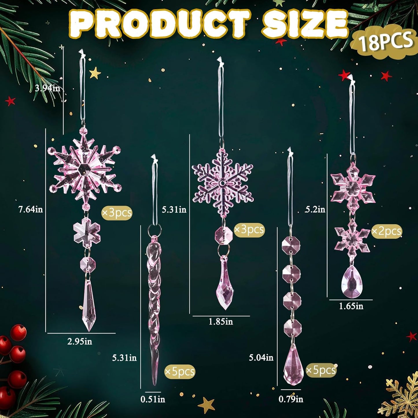 18pcs Christmas Tree Decoration Crystal Ornaments - Hanging Acrylic Christmas Snowflake Icicle Drop Crystal Ornaments for Xmas Tree Winter New Year Party Supplies