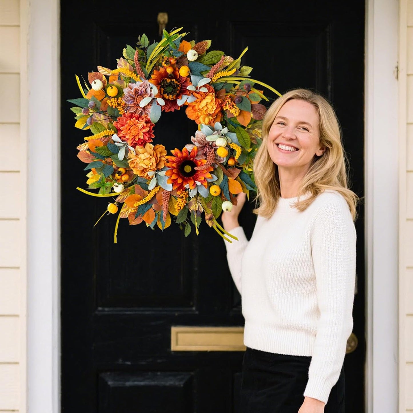 Fall Wreaths for Front Door 24 Inch Fall Wreath with Sunflowers, Dahlias & Pumpkins Autumn Harvest Wreath for Thanksgiving Outdoor or Indoor Autumn Wreaths for Front Door