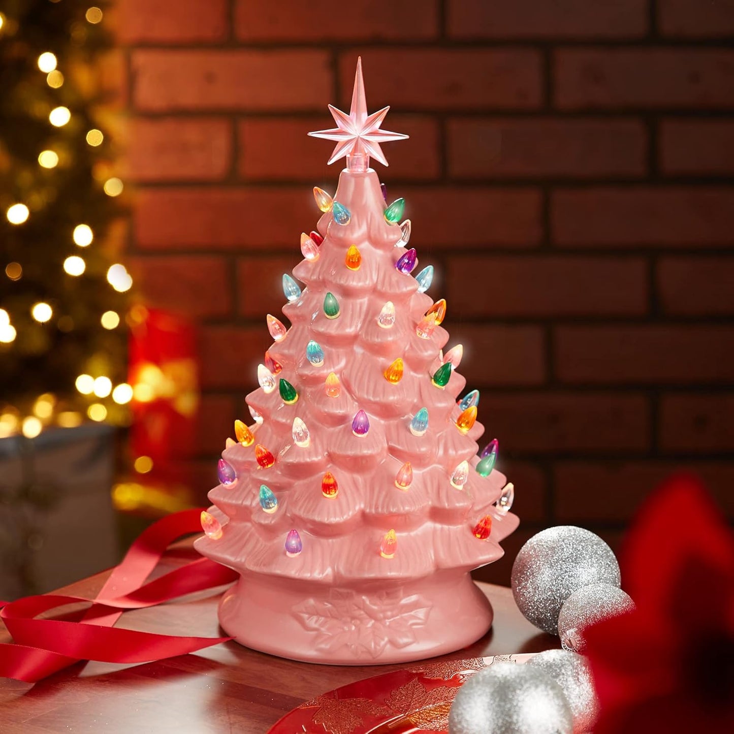 Hand Painted Ceramic Christmas Tree, Pink 15-Inch Pre-Lit Tree with 128 Multi Color Lights and 2 Star Toppers