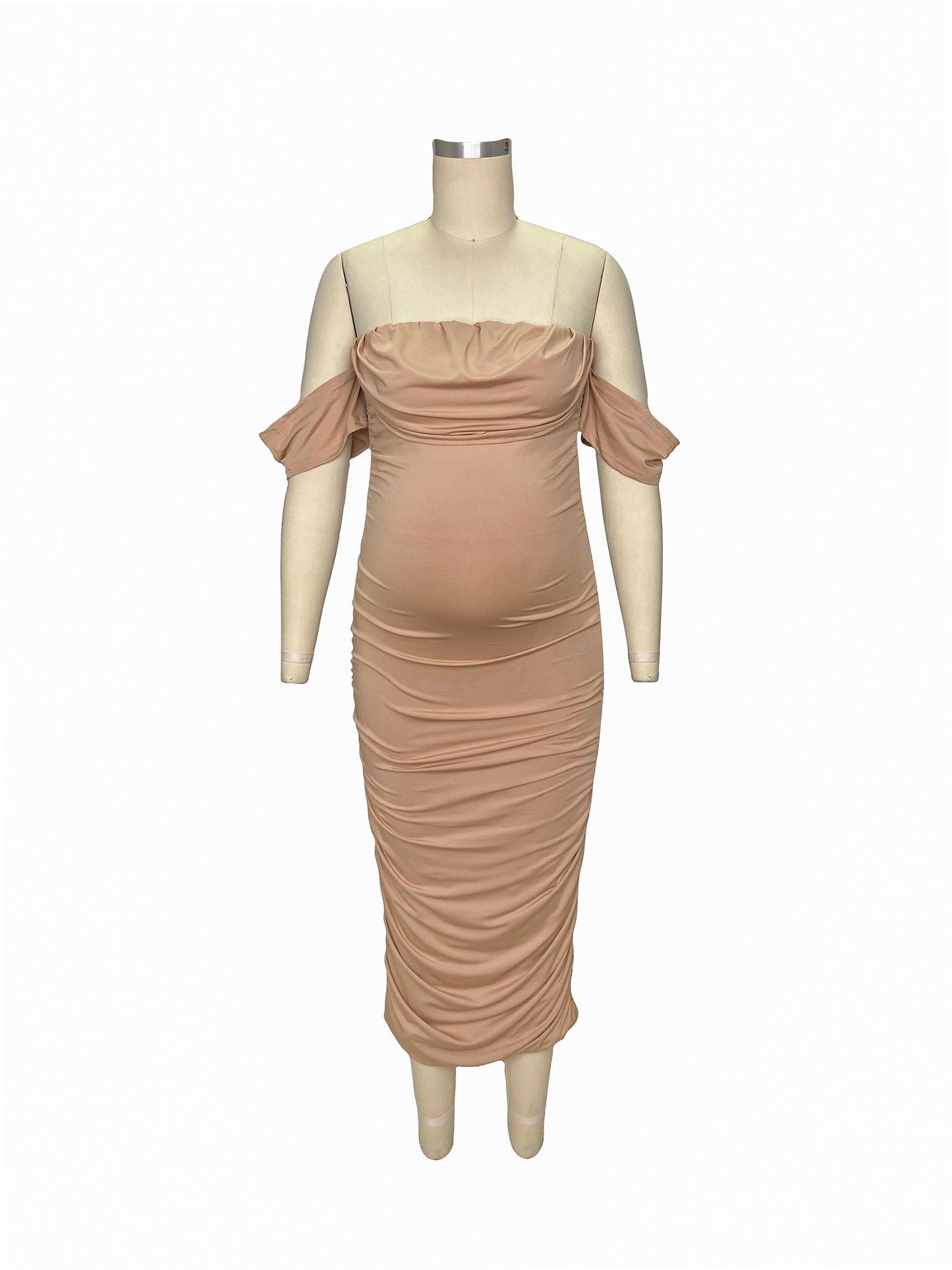 Khaki Ruched Off Shoulder Belly Friendly Baby Shower Club Party Tube Bodycon Maternity Midi Dress
