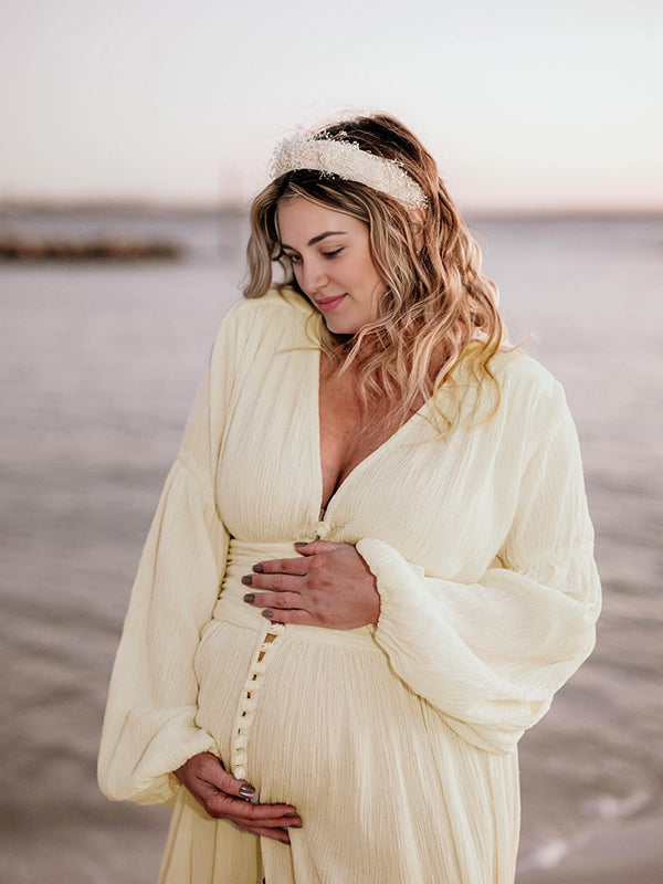 Ivory White Single Breasted Open Front Big Swing Deep V-neck Robe Elegant Wedding Gown Maternity Boho Photoshoot Baby Shower Maxi Dress