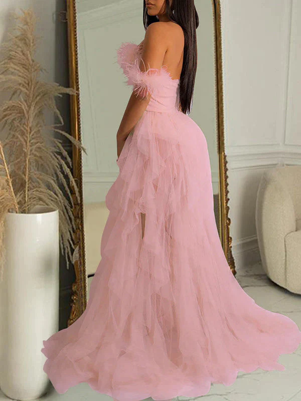 Bandeau Off Shoulder Feather Tulle Tutu Grenadine Photoshoot Maternity Maxi Dress