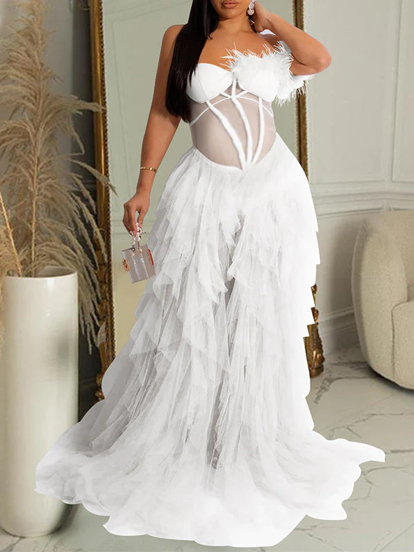 Bandeau Off Shoulder Feather Tulle Tutu Grenadine Photoshoot Maternity Maxi Dress
