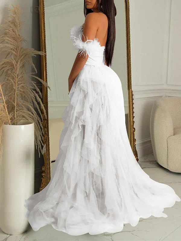 Bandeau Off Shoulder Feather Tulle Tutu Grenadine Photoshoot Maternity Maxi Dress
