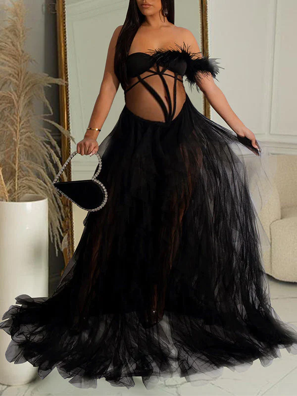 Bandeau Off Shoulder Feather Tulle Tutu Grenadine Photoshoot Maternity Maxi Dress