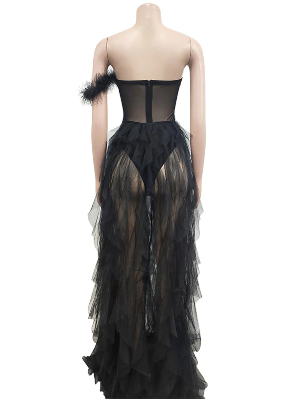 Bandeau Off Shoulder Feather Tulle Tutu Grenadine Photoshoot Maternity Maxi Dress