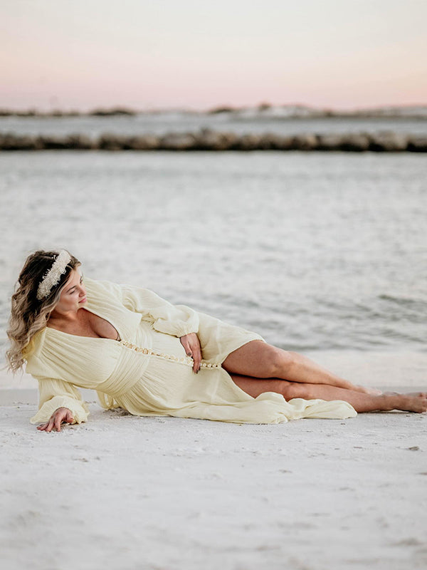 Ivory White Single Breasted Open Front Big Swing Deep V-neck Robe Elegant Wedding Gown Maternity Boho Photoshoot Baby Shower Maxi Dress