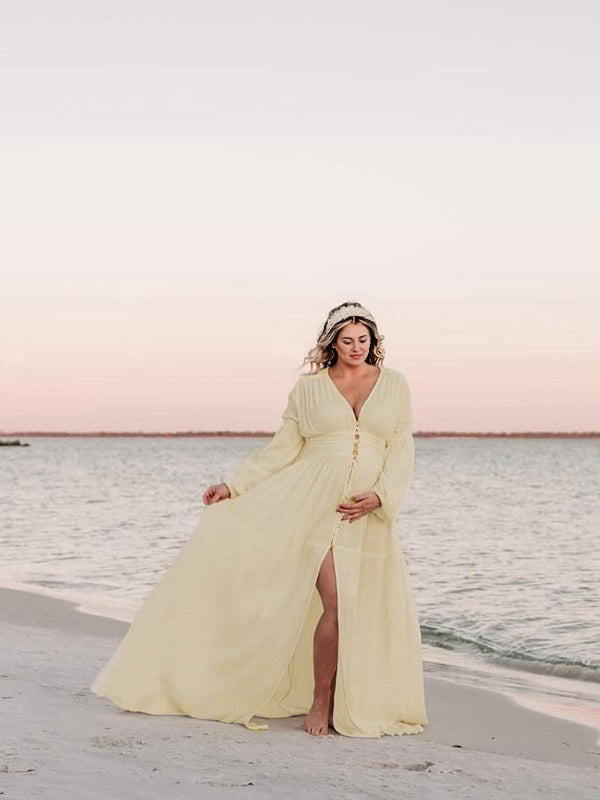 Ivory White Single Breasted Open Front Big Swing Deep V-neck Robe Elegant Wedding Gown Maternity Boho Photoshoot Baby Shower Maxi Dress