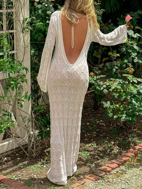 White Knitting Backless Tie Back Deep V-neck Photoshoot Maternity Maxi Dress