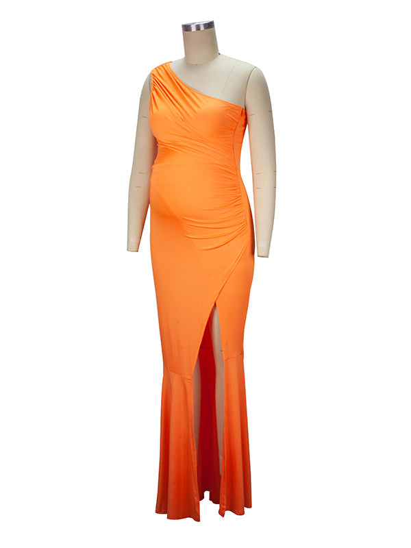 Orange Off Shoulder Ruffle Irregular Side Slit Party Gown Babyshower Elegant Maternity Maxi Dress