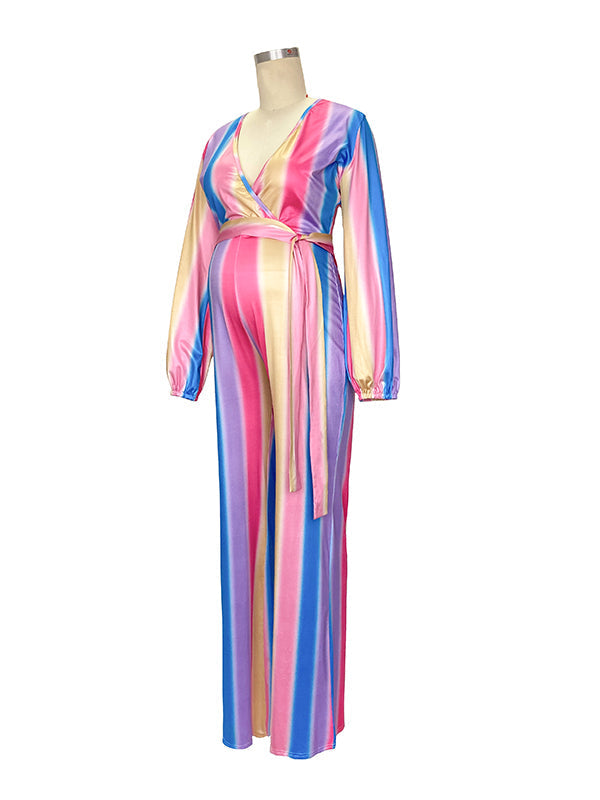 Pink-Blue Rainbow Striped Tie Dye Gender Reveal High Waisted Babyshwower Pregnant Maternity Wide Leg Long Jumpsuit