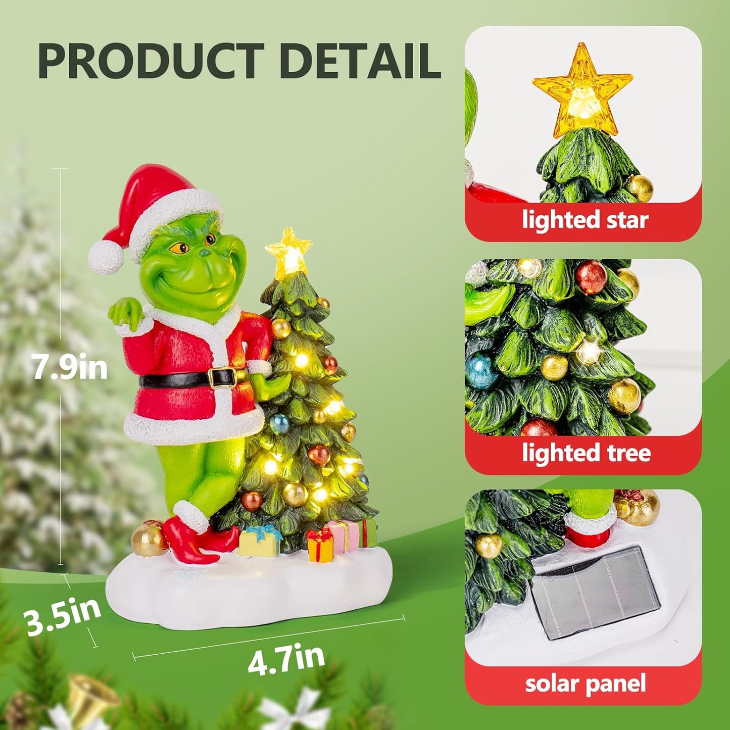 Solar Garden Outdoor Statues Green Monster with Christmas Tree and 6 LED Lights-Christmas Lawn Deco Statue for Patio, Balcony - Unique Christmas Housewarming Gifts