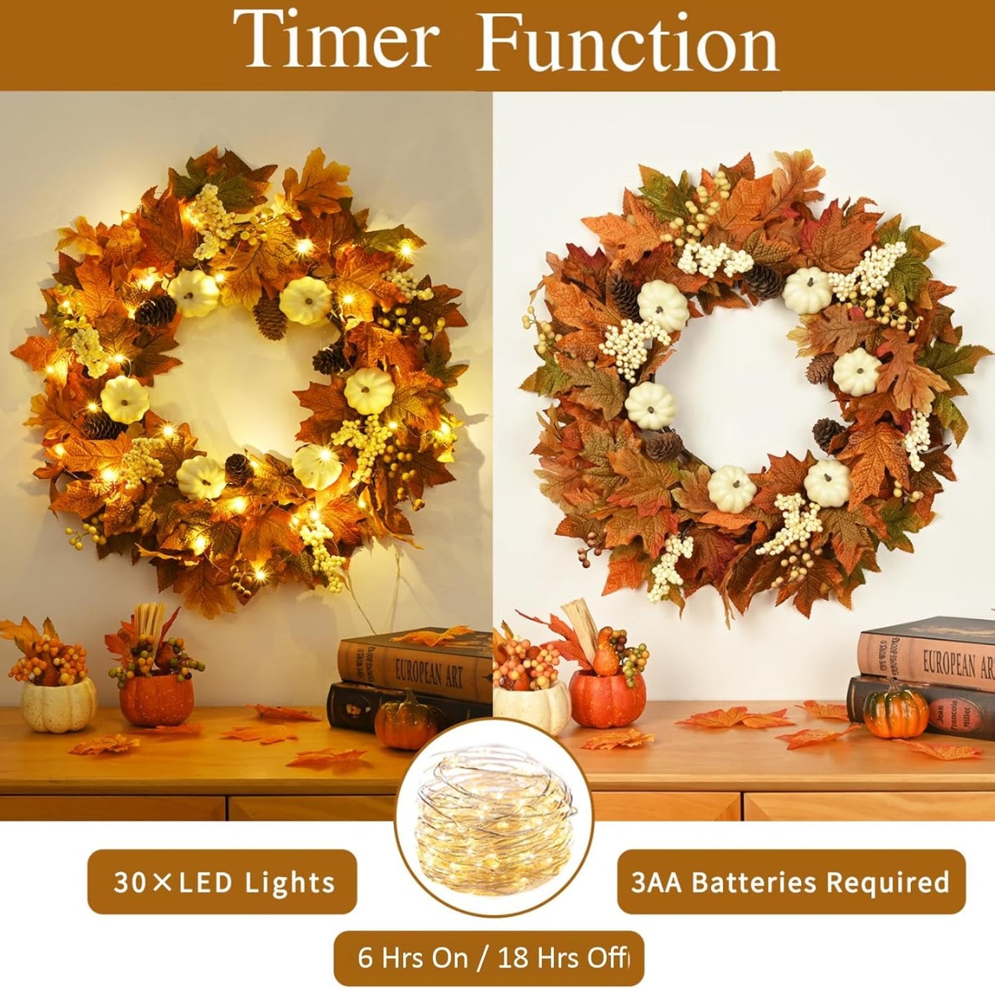 Waipfaru Fall Wreaths for Front Door - 20'' Autumn Wreath with Lights & Welcome Sign & Timer Function, Fall Leaf Reef Farmhouse Thanksgiving Decor for Outdoor Porch Patio