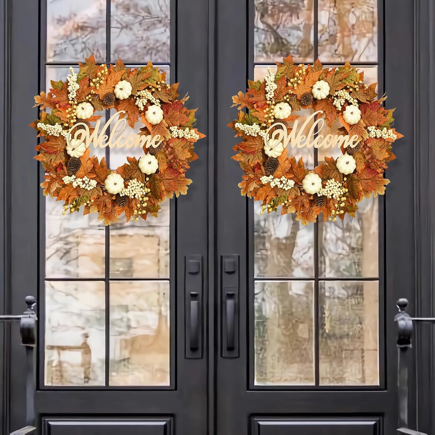 Waipfaru Fall Wreaths for Front Door - 20'' Autumn Wreath with Lights & Welcome Sign & Timer Function, Fall Leaf Reef Farmhouse Thanksgiving Decor for Outdoor Porch Patio